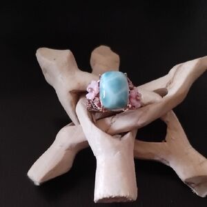 Larimar & Pink Mother Of Pearl 🌺 Flower Ring Vermeil Rose Gold Over 925 Silver